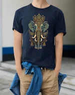Majestic Elephant Mandala Art T-Shirt for Men and Women - model wearing navy tee with hands in pockets