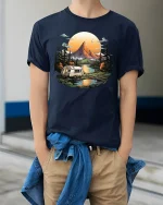 Mountain Camper Adventure T-Shirt - Nature Travel Tee - model wearing navy tee with hands in pockets
