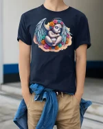 Sugar Skull Angel Baby T-Shirt - Day of the Dead Art - model wearing navy tee with hands in pockets