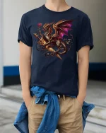 Majestic Dragon Sword T-Shirt - Fantasy Warrior Tee - model wearing navy tee with hands in pockets