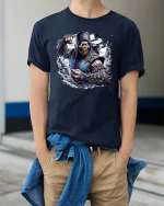 Ice Ninja Warrior T-Shirt - Epic Fighter Game Style - model wearing navy tee with hands in pockets