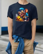 Gangsta Rat with Cheese Funny Cartoon Graphic T-Shirt - model wearing navy tee with hands in pockets