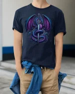 Mystic Dragon Sword T-Shirt - Epic Fantasy Art Tee - model wearing navy tee with hands in pockets