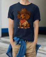 Cowboy Dog Funny T-Shirt - Cute Western Style Tee - model wearing navy tee with hands in pockets