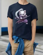 Samurai Cat Warrior T-Shirt - Cool Ninja Kitty Tee - model wearing navy tee with hands in pockets