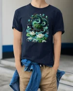 Dragon and Turtle Power T-Shirt - Mythic Spirit Tee - model wearing navy tee with hands in pockets