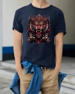 Fierce Red Tiger T-Shirt - Bold Asian Warrior Style - model wearing navy tee with hands in pockets