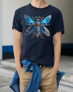Blue Beetle Art T-Shirt - Elegant Insect Design Tee - model wearing navy tee with hands in pockets