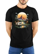 Mountain Camper Adventure T-Shirt - Nature Travel Tee - model wearing black tee with hands behind back