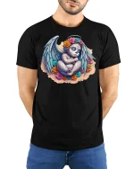 Sugar Skull Angel Baby T-Shirt - Day of the Dead Art - model wearing black tee with hands behind back