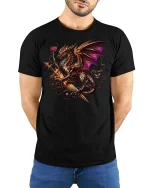 Majestic Dragon Sword T-Shirt - Fantasy Warrior Tee - model wearing black tee with hands behind back