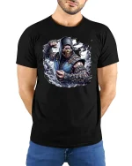Ice Ninja Warrior T-Shirt - Epic Fighter Game Style - model wearing black tee with hands behind back
