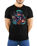 Sea Captain T-Shirt - Nautical Sailor Art Graphic Tee - model wearing black tee with hands behind back