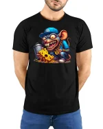 Gangsta Rat with Cheese Funny Cartoon Graphic T-Shirt - model wearing black tee with hands behind back