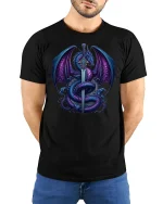 Mystic Dragon Sword T-Shirt - Epic Fantasy Art Tee - model wearing black tee with hands behind back