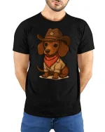 Cowboy Dog Funny T-Shirt - Cute Western Style Tee - model wearing black tee with hands behind back