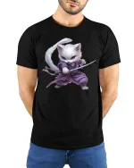 Samurai Cat Warrior T-Shirt - Cool Ninja Kitty Tee - model wearing black tee with hands behind back