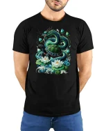 Dragon and Turtle Power T-Shirt - Mythic Spirit Tee - model wearing black tee with hands behind back