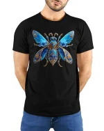 Blue Beetle Art T-Shirt - Elegant Insect Design Tee - model wearing black tee with hands behind back