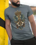 Majestic Elephant Mandala Art T-Shirt for Men and Women - model wearing grey tee, leaning on column