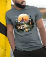 Mountain Camper Adventure T-Shirt - Nature Travel Tee - model wearing grey tee, leaning on column