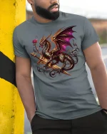 Majestic Dragon Sword T-Shirt - Fantasy Warrior Tee - model wearing grey tee, leaning on column