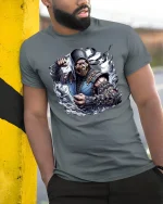 Ice Ninja Warrior T-Shirt - Epic Fighter Game Style - model wearing grey tee, leaning on column