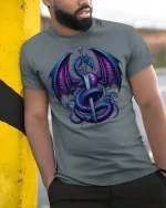 Mystic Dragon Sword T-Shirt - Epic Fantasy Art Tee - model wearing grey tee, leaning on column