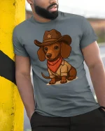 Cowboy Dog Funny T-Shirt - Cute Western Style Tee - model wearing grey tee, leaning on column
