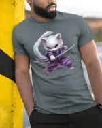 Samurai Cat Warrior T-Shirt - Cool Ninja Kitty Tee - model wearing grey tee, leaning on column