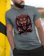 Fierce Red Tiger T-Shirt - Bold Asian Warrior Style - model wearing grey tee, leaning on column