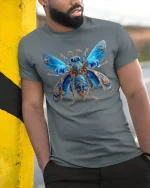 Blue Beetle Art T-Shirt - Elegant Insect Design Tee - model wearing grey tee, leaning on column