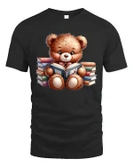 Book Lover Bear T-Shirt - Cute Reading Teddy Tee - black t-shirt on white background