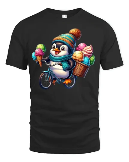 Ice Cream Penguin T-Shirt - Cute Summer Animal Tee - black t-shirt on white background