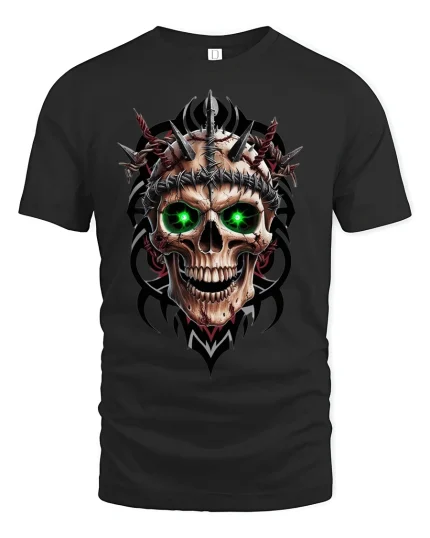 Neon Skull T-Shirt - Glowing Eyes Gothic Horror Tee - black t-shirt on white background
