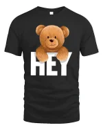 Hey Teddy Bear T-Shirt - Cute Smiling Bear Graphic Tee - black t-shirt on white background