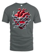 Heart in Chains T-Shirt - Locked Love Gothic Tee - gray t-shirt on white background