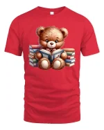 Book Lover Bear T-Shirt - Cute Reading Teddy Tee - red t-shirt on white background