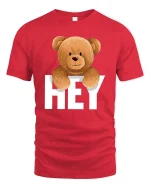 Hey Teddy Bear T-Shirt - Cute Smiling Bear Graphic Tee - red t-shirt on white background