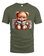 Book Lover Bear T-Shirt - Cute Reading Teddy Tee - military green t-shirt on white background
