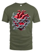 Heart in Chains T-Shirt - Locked Love Gothic Tee - military green t-shirt on white background