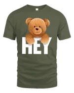 Hey Teddy Bear T-Shirt - Cute Smiling Bear Graphic Tee - military green t-shirt on white background