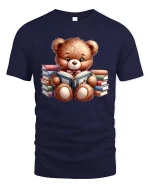 Book Lover Bear T-Shirt - Cute Reading Teddy Tee - navy t-shirt on white background