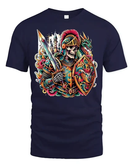 Skeleton Knight T-Shirt - Epic Warrior Fantasy Tee - navy t-shirt on white background