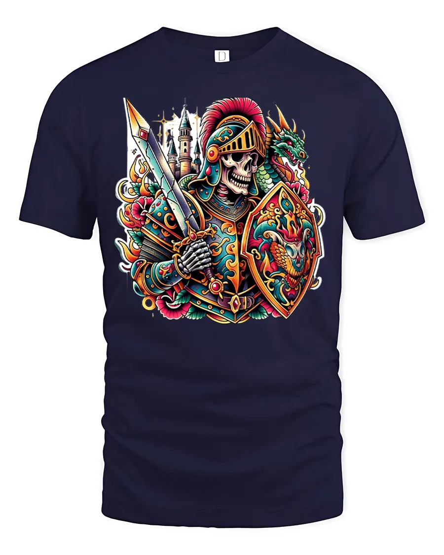 Skeleton Knight T-Shirt - Epic Warrior Fantasy Tee - 1 Skeleton Knight T-Shirt - Epic Warrior Fantasy Tee - navy t-shirt on white background