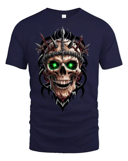 Neon Skull T-Shirt - Glowing Eyes Gothic Horror Tee - navy t-shirt on white background