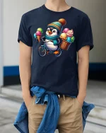 Ice Cream Penguin T-Shirt - Cute Summer Animal Tee - model wearing navy tee with hands in pockets