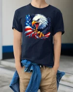 American Eagle T-Shirt - Patriotic USA Flag Pride Tee - model wearing navy tee with hands in pockets