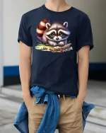 Cute Baby Raccoon T-Shirt - Adorable Forest Animal Tee - model wearing navy tee with hands in pockets