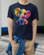 Cute Rainbow Elephant T-Shirt - Adorable Animal Lover Tee - model wearing navy tee with hands in pockets